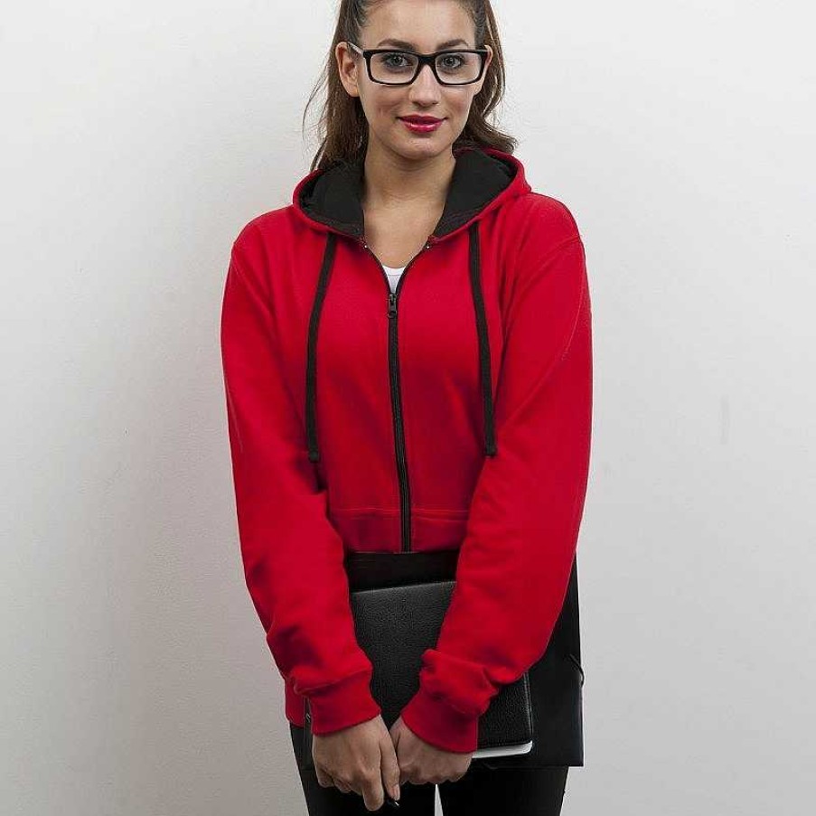 Vetements AWDis | Sweat Zippe Personnalise Pas Cher - Capuche Et Zip Contrastes Jet Black Fire Red