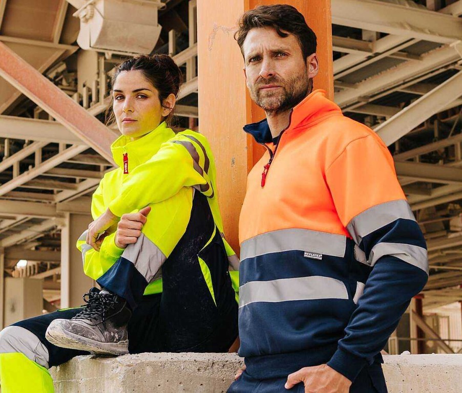 Vetements Velilla | Sweat Col Zippe Haute Visibilite A Personnaliser Hi Viz Orange / Navy